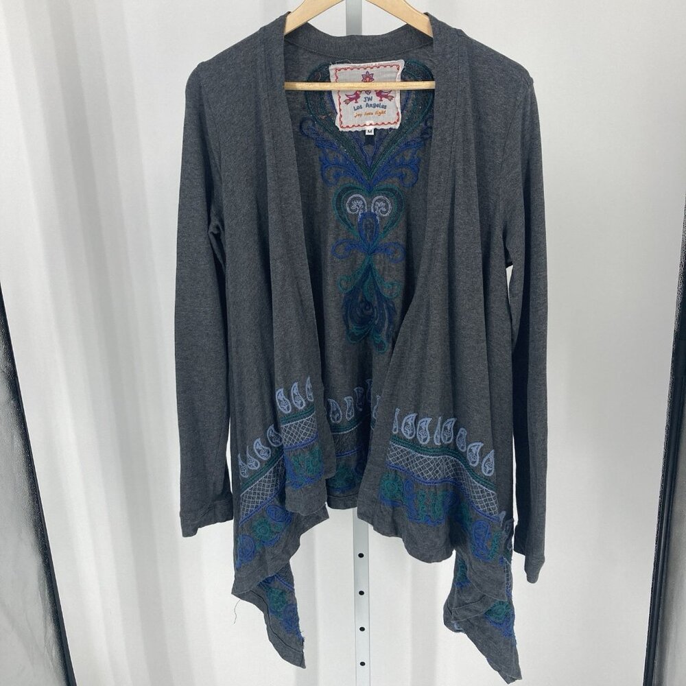 Johnny Was Cardigan Kimono Medium Embroidered Draped Open Front Boho Gray Jacket